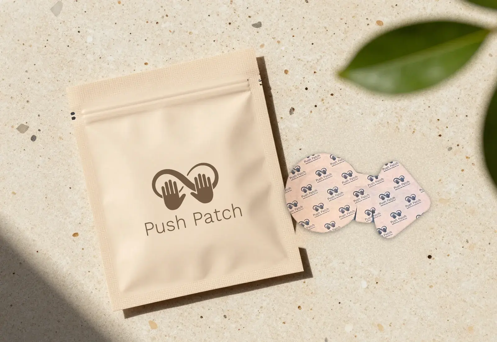 A Push Patch pouch and a clear patch on stone