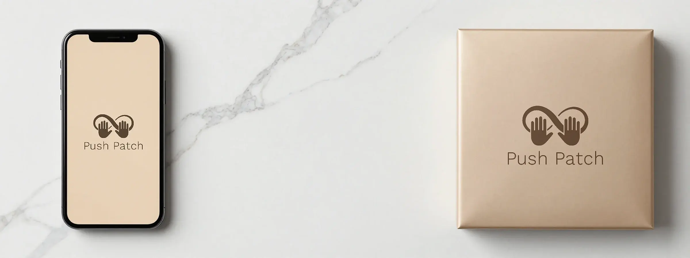 A phone showing the Push Patch mark and a Push Patch box on marble